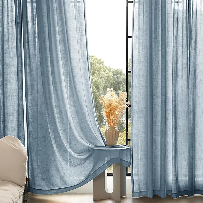 Dusty Blue Linen Curtains for Living Room Back Tab Light Filtering Semi Sheer Light Blue Bedroom Curtains Linen Cotton Textured Grey Blue Drapery Panel Airy Modern Farmhouse Aesthetic Decor 52x96 Long