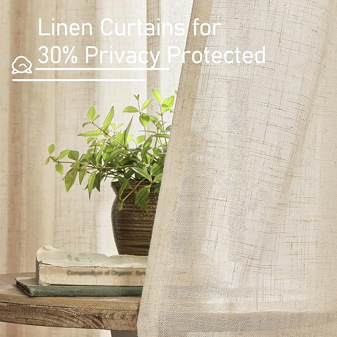 LAMIT Light Filtering Linen Curtains 68 inches Long for Bedroom, Faux Linen Textured Semi Sheer Back Tab and Rod Pocket Boho Modern Drapes for Living Room/Farmhouse, Linen, 2 Panels, 52 x 68 Inch