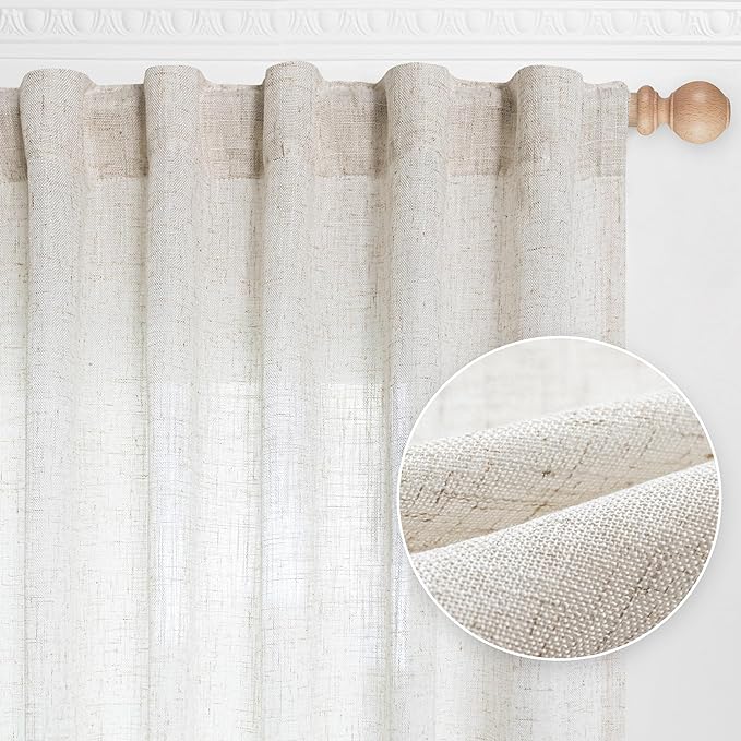 MYSKY HOME 90 Inches Long Linen Curtains for Living Room, Semi Sheer Bedroom Curtains Farmhouse Boho Room Decor Sliding Glass Patio Doorways Light Filtering Privacy Protect, 50" x 90", Linen, 2 Panels