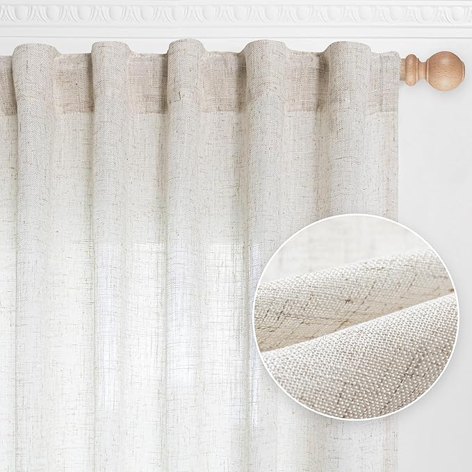 MYSKY HOME Linen Curtains for Sliding Glass Door, Back Tab Semi Sheer Curtain Panels Extra Long Floor Length Drapes Linen Texture Soft Touch Country Curtains, 50x120 Inch, Linen, Set of 2