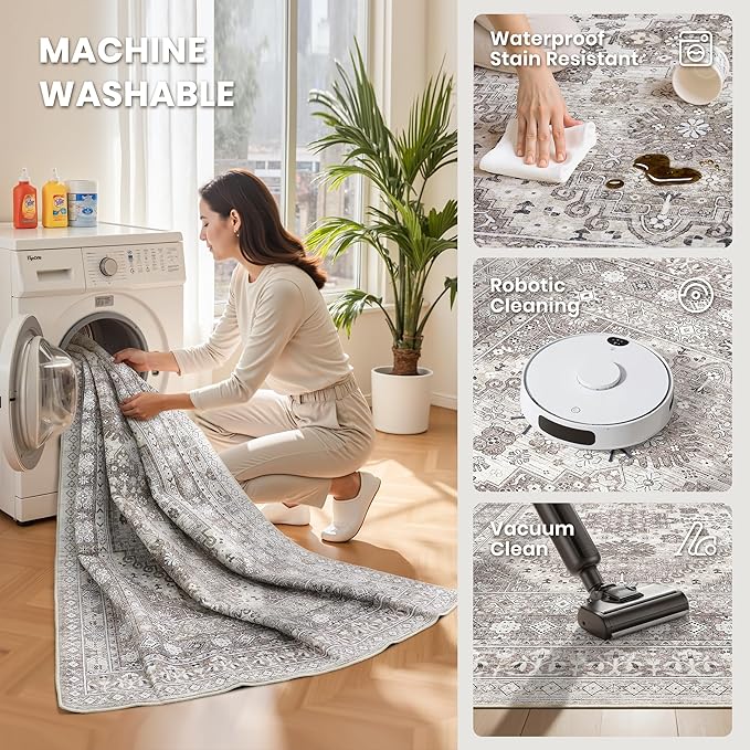 zesthome 7x9 Area Rug, Super Soft Washable Rugs for Living Room, Non-Slip Stain Resistant Vintage Rugs, Ultra-Thin Large Area Rugs (Brown/Beige,7'x9')