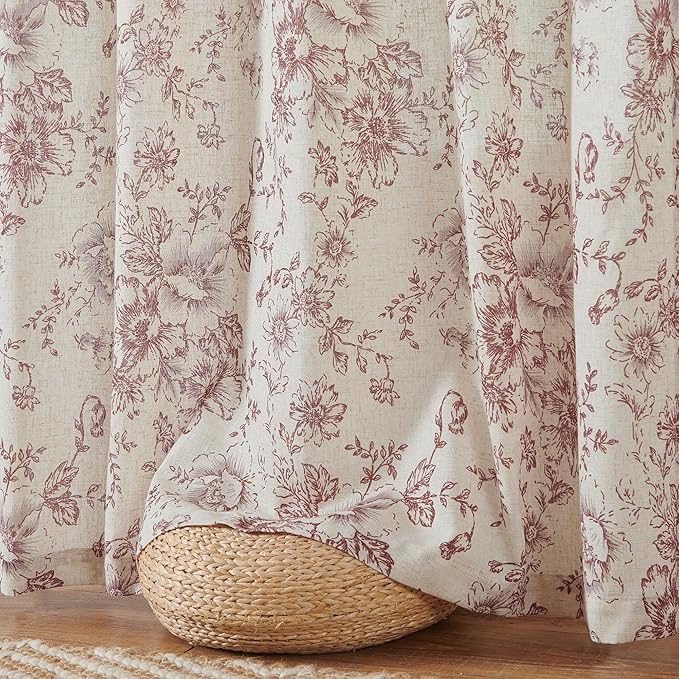 jinchan Linen Blend Curtain Floral Curtains for Living Room 84 Inch Length Farmhouse Brick Red Printed Curtain Rod Pocket Back Tab Peony Flower Patterned Drapes Curtains Set 2 Panels