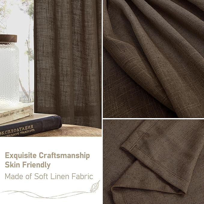 LAMIT Linen Curtains 90 Inch for Living Room, Back Tab and Rod Pocket Linen Textured Farmhouse Curtains Light Filtering Drapes for Bedroom/Dining Room, Dark Brown, Set of 2, 52 x 90 Inch