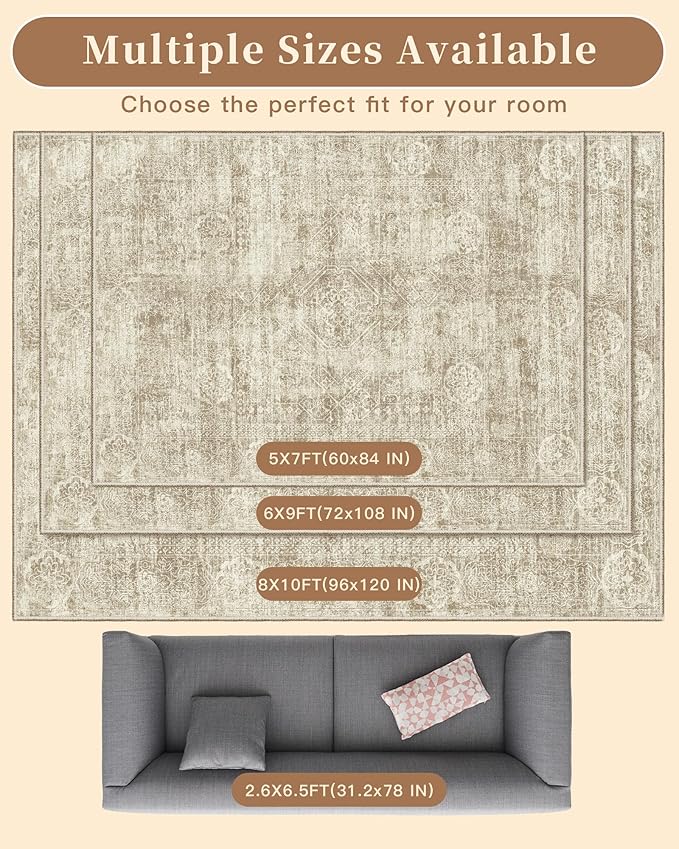 Madane 5x7 Area Rugs for Living Room, Washable Vintage Natural Beige Rug with Non-Slip Backing, Soft Floral Print Throw Rugs Floor Low Pile Carpet for Bedroom Dining Room Farmhouse