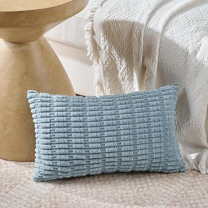 Fancy Homi Set of 4 Blue Long Lumbar Rectangle Decorative Throw Pillow Covers 12x24 Inch for Couch Bed Chair, Farmhouse Boho Room Decor, Soft Fuzzy Corduroy Textured Coastal Blue Cushion Case 30x60cm