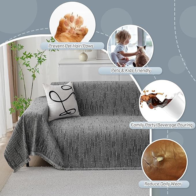 MYSKY HOME Couch Covers for Sofa, Dog Couch Cover Protector, Dark Grey Lines Sofa Covers for Sectional L Shape, Pets Couch Throw Cover Washable Durable Large Couch Cover for Dogs, Cats, 71"X150"