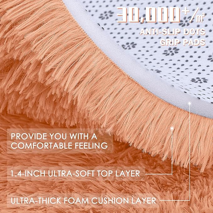 OLANLY Muted Orange Round Rugs for Bedroom - Machine Washable, 4 ft Circle Area Rugs for Living Room, Soft and Fluffy Shaggy Carpet for Teen Girl and Boys, Nursery Rooms, Dorms, Home Decor Aesthetic