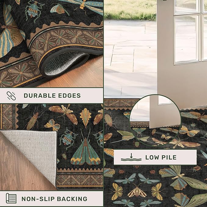 Small Black Entryway Runner Rug - 2x4 Front Door Rug Indoor Entrance, Small Waterproof Carpet for Kitchen Floor, Bathroom, Powder Room, Washable Low Pile Non Slip, Insect Print Multi Color Home Décor
