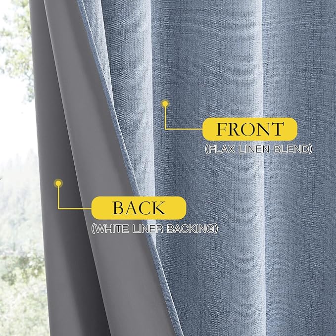 NICETOWN Stone Blue Vintage Linen 100% Blackout Curtains for Living Room, Thermal Insulated Curtains 102" Long, Noise Reducing Window Treatment Drapes for Hall Room, 52" Wide Per Panel, Set of 2