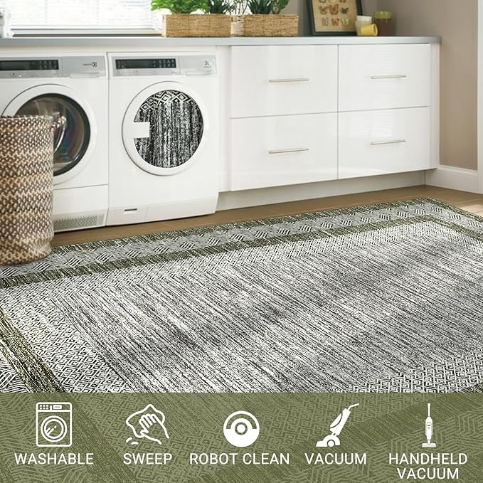 GarveeHome 8x10 Large Washable Area Rug Modern Bordered Rug Distressed Geometric Floor Carpet, Soft Non Slip Rug, Low Pile Non Shedding Rug, Indoor Green Rug for Bedroom, Living Room
