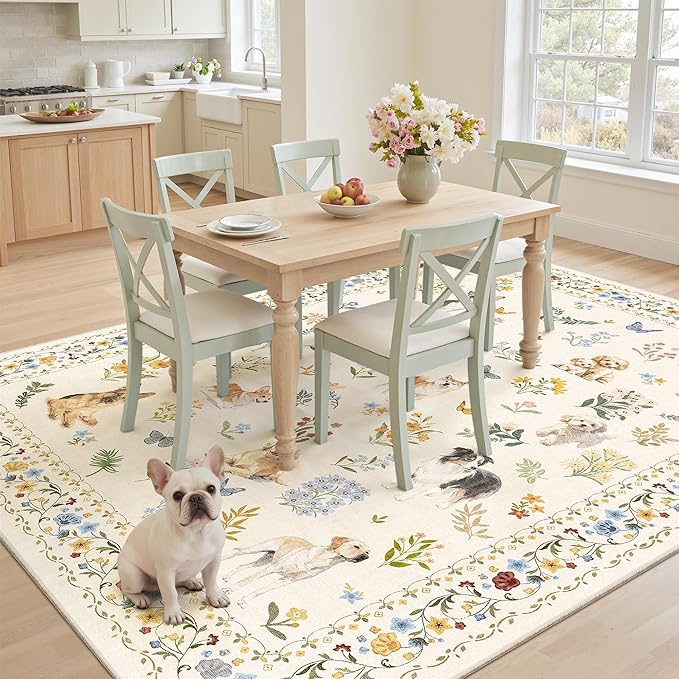 Dog 6x9 Area Rugs for Living Room, Machine Washable Animal Floral Vintage Rug Non-Slip Low Pile Soft Throw Rugs for Bedroom Dining Room Kitchen Nursery Playroom (6 x 9,Beige)
