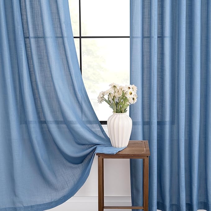 Denim Blue Curtains for Living Room Back Tab Modern Farmhouse Semi Sheer Blue Curtains 120 inches Long 2 Panels Set Muted Neutral Window Curtain for Dining Room Bedroom 52x120