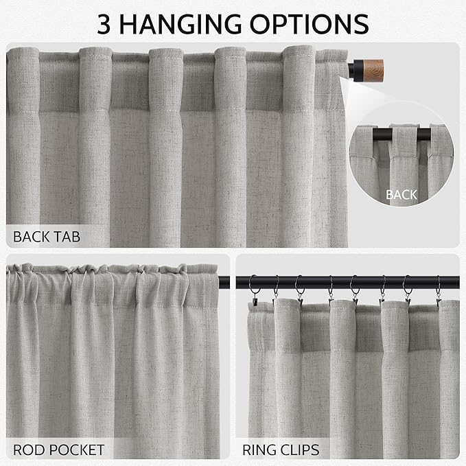 Light Gray Linen Curtains 72 Inches Long for Living Room Bedroom Light Filtering Semi Sheer Curtain Back Tab Rod Pocket Grey Simple Modern Farmhouse Decor Neutral Window Drapes 52x72, 2 Panels