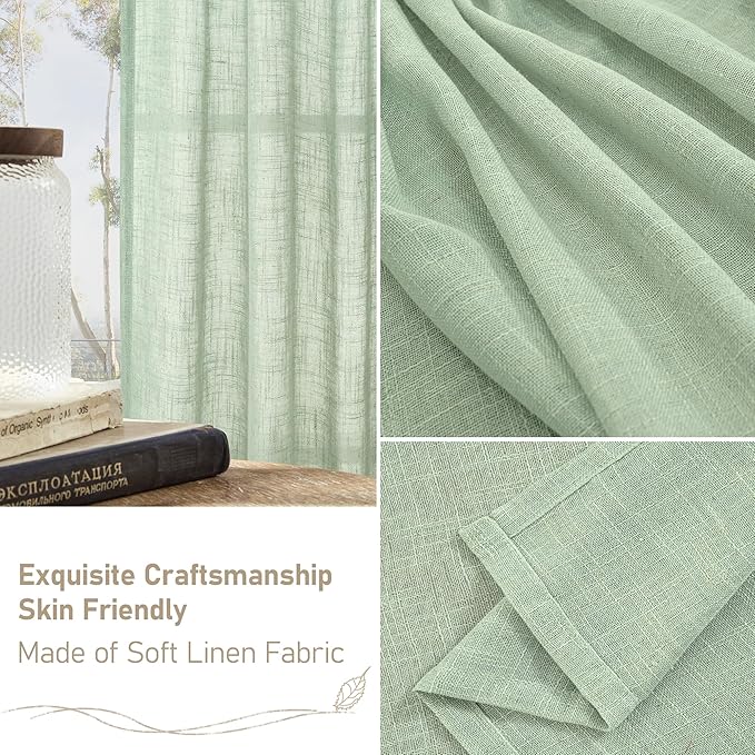 LAMIT Fresh Green Linen Curtains 45 Inch Length 2 Panels, Light Filtering Panels Back Tab and Rod Pocket Country Decor Drapes for Kitchen/Window/Loft Room/Bedroom, 34 x 45 Inch