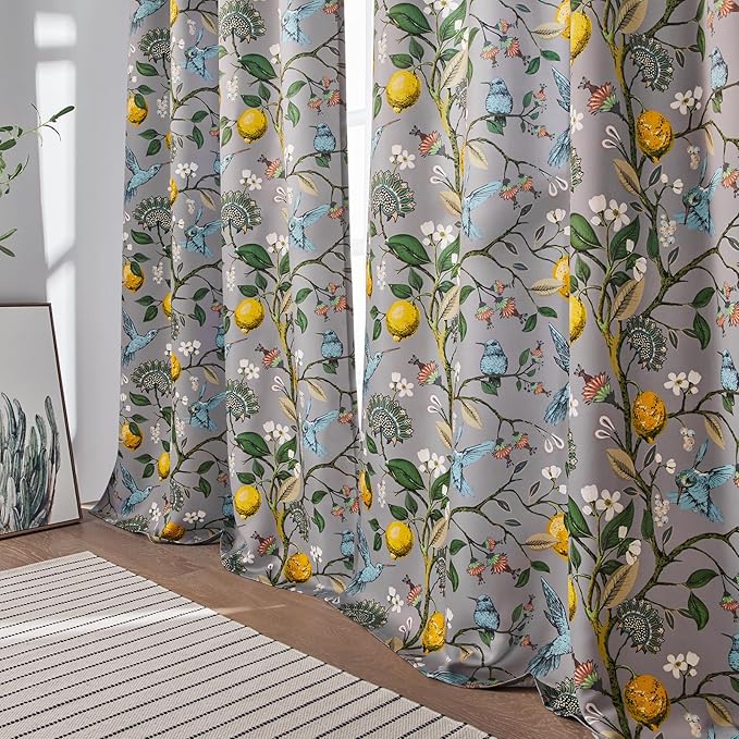 Topfinel Black Dark Floral Grey Blackout Curtains, Gray Decorative French Country Grommet Dark Academia Antique Decor Hummingbird Window Covering for Living Room Bedroom Dining,84 Inch Length