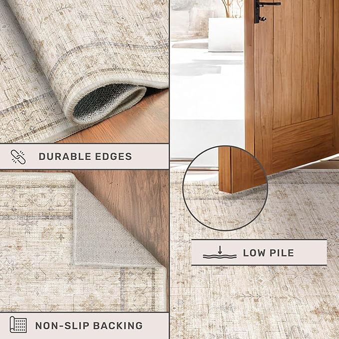 Washabel Lvory Modern Rugs for Living Room, 9x12 Low Pile Floral Carpet for Large Dining Room,Neutral Light Beige Foldable Area Rug for Bedroom, Farmhouse Geometric Pattern, Vintage Home Décor