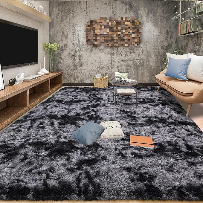 Tepook Soft Fluffy Area Rug for Bedroom, Modern Shaggy Rugs for Living Room, 3x5 Fuzzy Rug for Kids Boys Girls Room, Plush Indoor Nursery Home Decor Rug with Non-Slip Bottom, Tie-dye Dark Grey