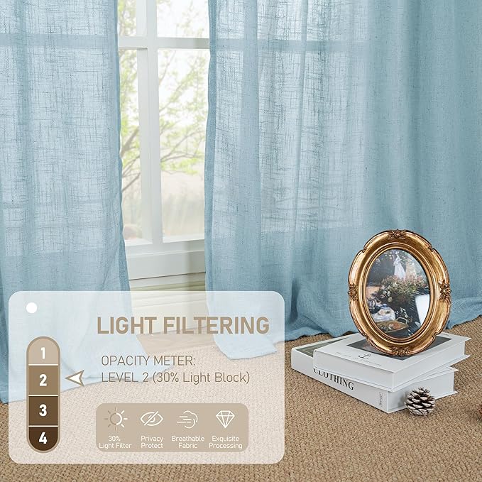 LAMIT Linen Curtains 95 Inches Long for Living Room, Back Tab and Rod Pocket Semi Sheer Panels Light Filtering Farmhouse Drapes for Bedroom/Dining Room, Stone Blue, Set of 2, 52 x 95 Inch