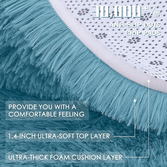 OLANLY Slate Blue Round Rugs for Bedroom - Machine Washable, 3 ft Circle Area Rugs for Living Room, Soft and Fluffy Shaggy Carpet for Teen Girl and Boys, Nursery Rooms, Dorms, Home Decor Aesthetic