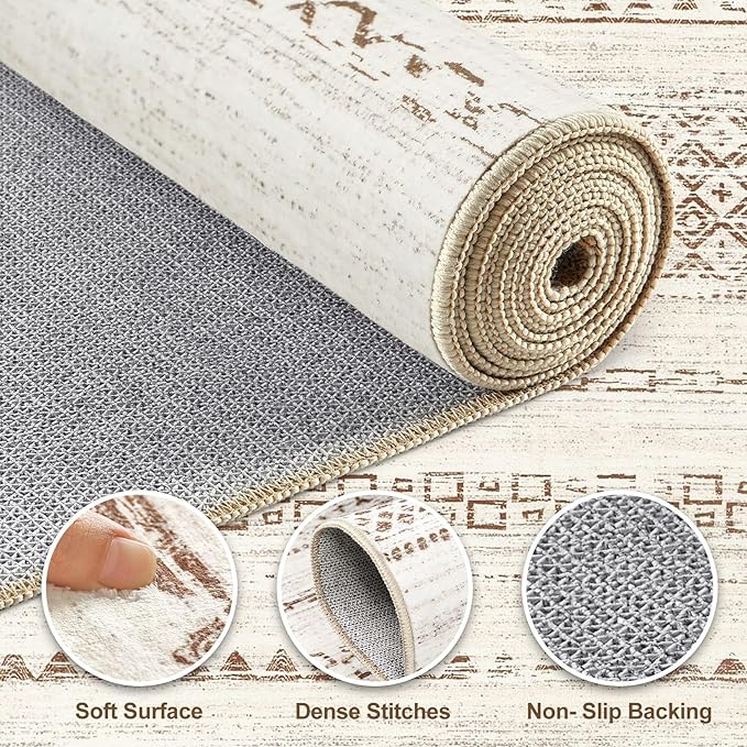 Nakagishi 6x8 Area Rug Living Room: Washable Boho Large Neutral Modern Soft Farmhouse Rugs Stain Resistant Indoor Floor Non-Slip Carpet for Bedroom Nursery Kids Playroom Office Dining Room- Brown
