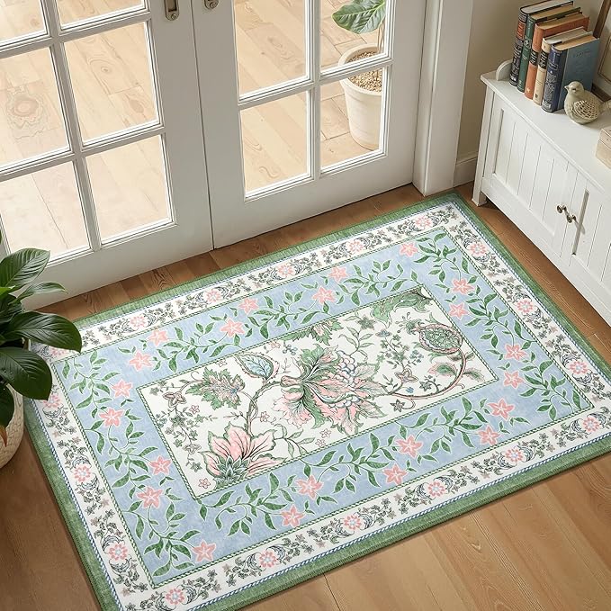 GarveeHome Blue Green Pink Washable 5x7 Area Rugs, Botanical Grove Vintage Cottage core Non-Slip Rug for Bedroom Living Room Nursery Kitchen Low-Pile Retro Carpet