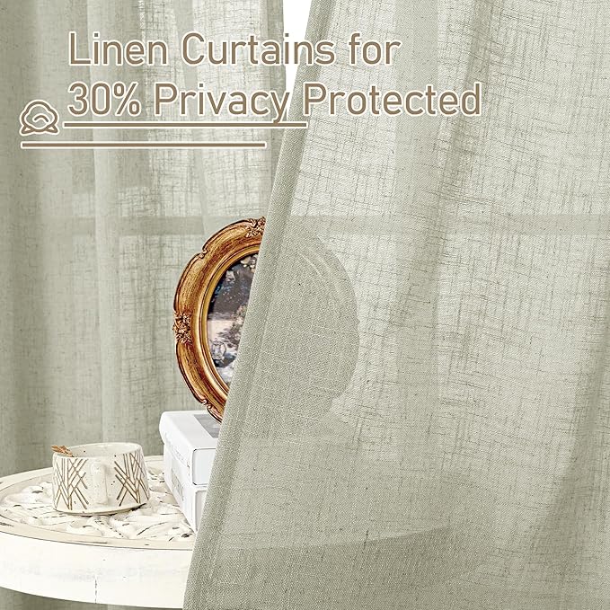 LAMIT Sage Grey Linen Boho Curtains 68 inch Length 2 Panels, Light Filtering Semi Sheer Panels Back Tab and Rod Pocket Neutral Drapes for Bedroom/Living Room, 52 x 68 Inch