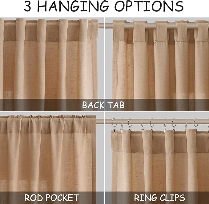 Nanspring Camel Linen Semi Sheer Curtains 72 Inches Long 2 Panels Set for Bedroom Rod Pocket Back Tab Light Filtering Privacy Drapes Cotton Textured Farmhouse Living Room Curtain 52X72 Inches