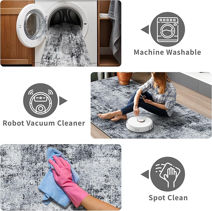 3x10 Washable Runner Rug for Hallway: Non Slip Runners Rugs Easy-to-Clean - Soft Living Room Bedroom Kitchen Carpet - Thin Low Pile Printed Floor Mat for Dining Room Black Grey