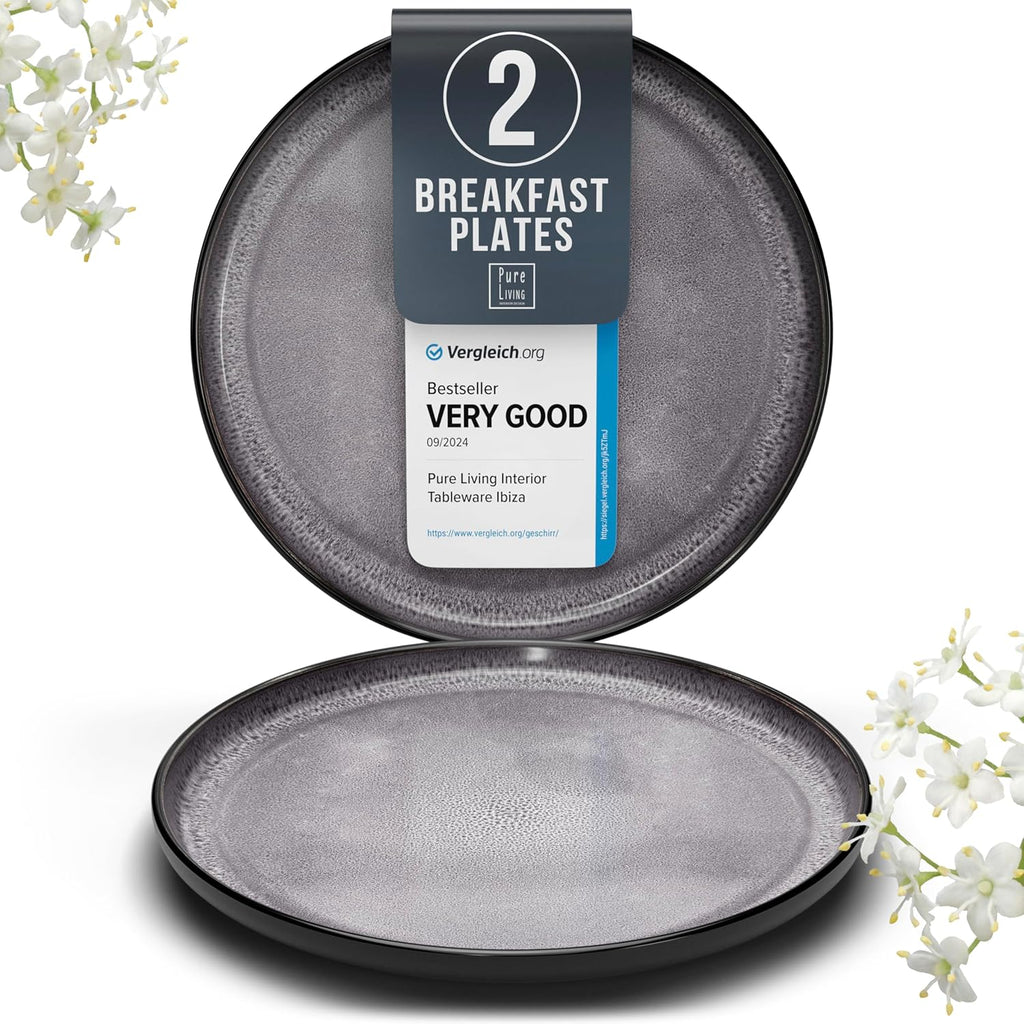 Stoneware breakfast & dessert plates set 2 pcs – Dark gray stylish cake plates – Dishwasher, microwave and scratch resistant – Small salad plates – Dinner service