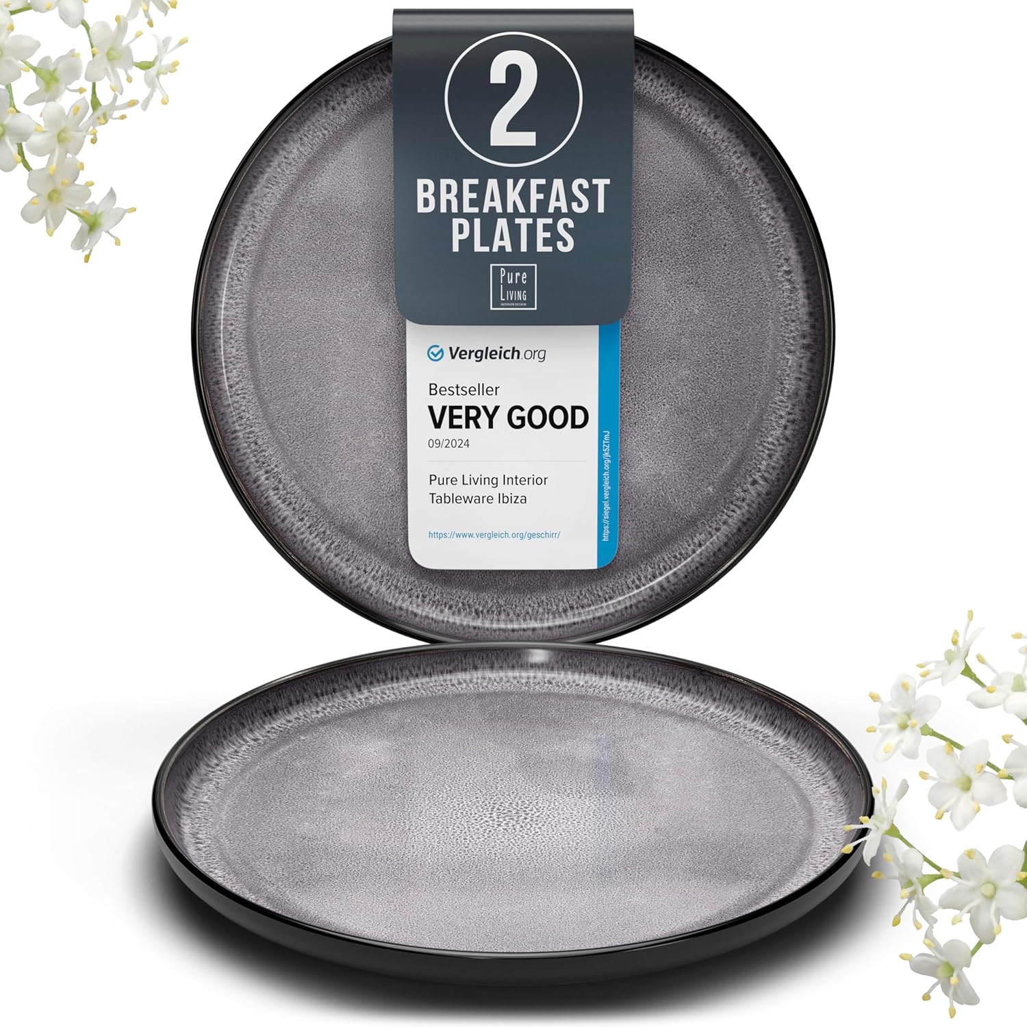 Stoneware breakfast & dessert plates set 2 pcs – Dark gray stylish cake plates – Dishwasher, microwave and scratch resistant – Small salad plates – Dinner service