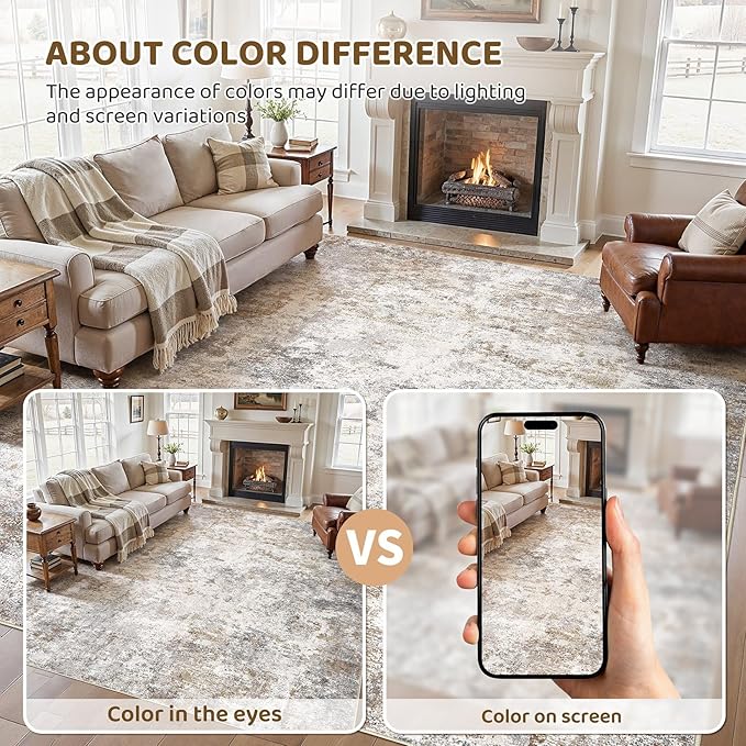 UERMEI 12x14 Area Rug Living Room Rugs - Washable Neutral Modern Abstract Soft Thin Large Rug Indoor Floor No Slip Rug Carpet for Bedroom Under Dining Table Home Office Decor - Brown Grey