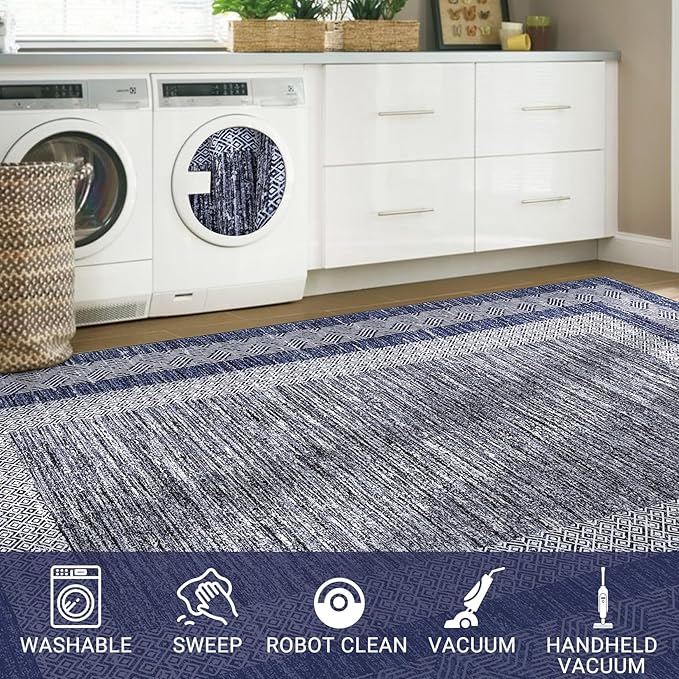 GarveeHome Modern Geometric Area Rug 5x7 Distressed Bordered Rug Washable Non Slip Floor Carpet Non Shedding Thin Rug, Soft Low Pile Rug, Contemporary Blue Rug for Dining Room, Living Room
