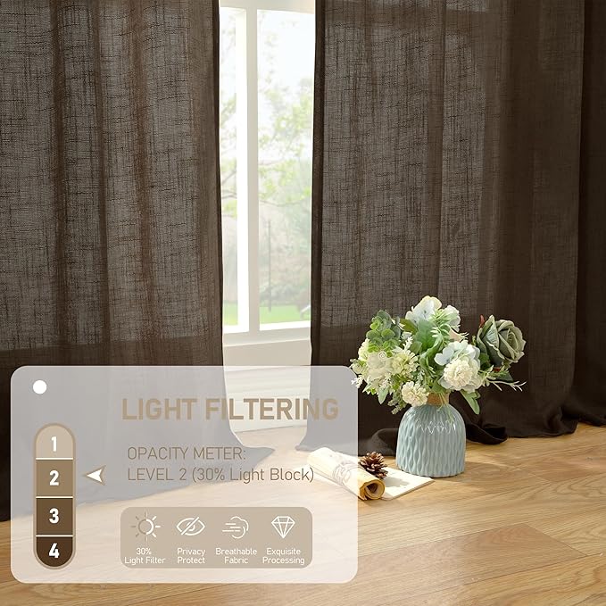 LAMIT Linen Curtains 30 Inch Length for Cafe, Semi Sheer Light Filtering Panels Back Tab and Rod Pocket Neutral Drapes for Basement/Window/Loft Room, Dark Brown, 2 Panels, 34 x 30 Inch