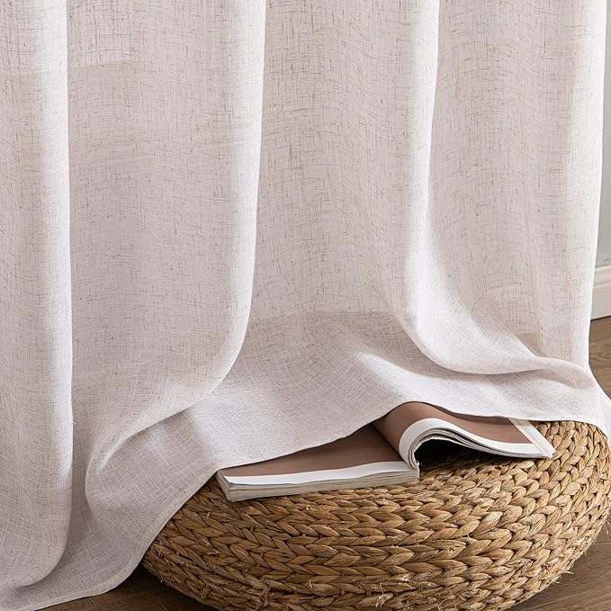 MIULEE Natural White Linen Curtains 102 Inch Length 2 Panels for Bedroom Living Room, Soft Thick Linen Textured Window Drapes Semi Sheer Light Filtering Back Tab Rod Pocket Burlap Look Decor