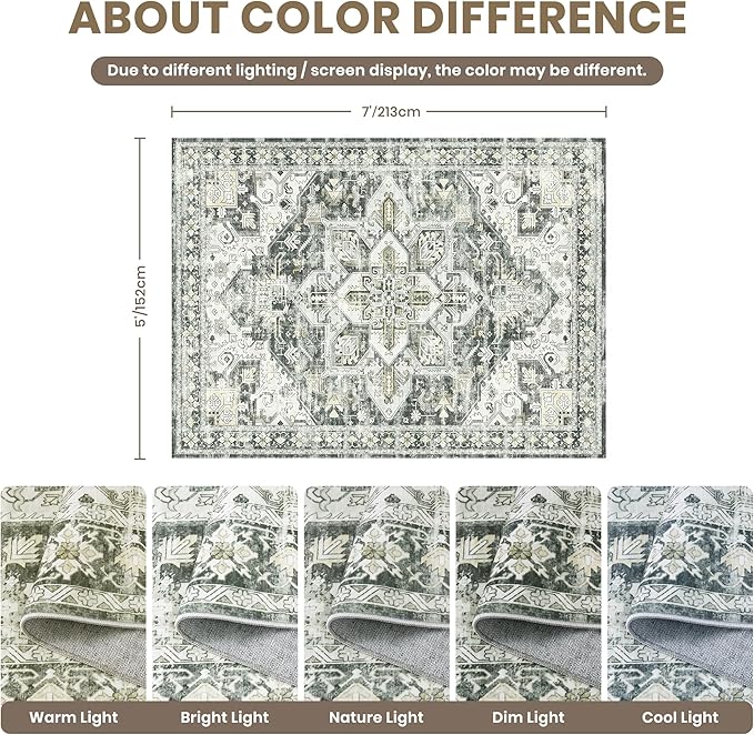 zesthome 5x7 Washable Rug-Stain Resistant Area Rugs for Living Room, Ultra-Thin Vintage Rugs, Non-Slip Backing Rug, Low Pile Large Area Rug, Boho Home Decor