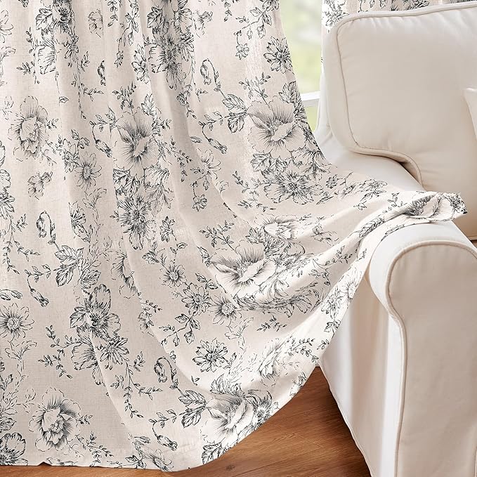 jinchan Linen Blend Curtain Floral Curtains for Living Room 90 Inch Length Black Printed Curtain Rod Pocket Back Tab Farmhouse Peony Flower Patterned Drapes Bedroom Window Curtains Set 2 Panels