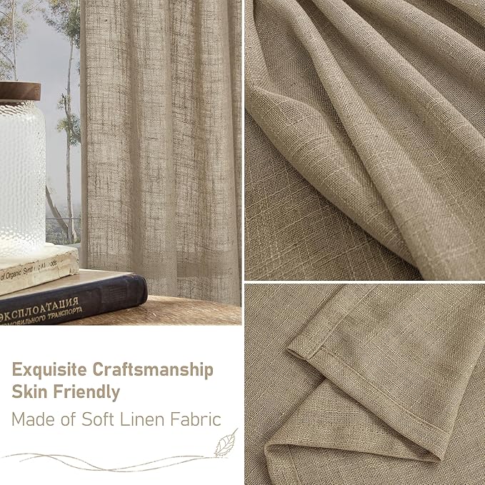 LAMIT Taupe Linen Curtains for Living Room 84 inch Length 2 Panels, Light Filtering Semi Sheer Curtains Back Tab and Rod Pocket Farmhouse Drapes for Bedroom/Sliding Glass Door, 52 x 84 Inch