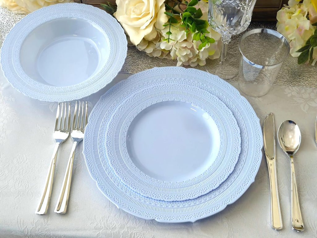 " OCCASIONS " 60 Piece Plates Pack, Extra Heavyweight Disposable Vintage Wedding Party Plastic Bowls (14 oz Soup Bowl, Chateau in Blue)