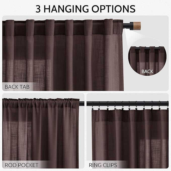 Coffee Brown Linen Curtains 90 inch Length for Living Room/Bedroom Textured Semi Sheer Linen Drapes Country Window Treatment Farmhouse Drop Cloth Curtain 90 inches for Dinning Room 2 Panels