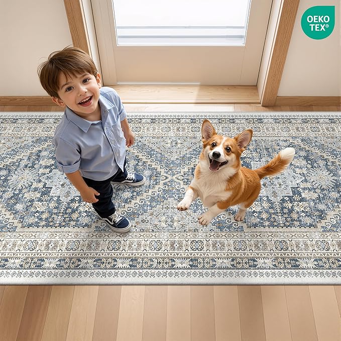 Entryway Rug - 2x3 Washable Rug Runner for Bathroom, Laundry Room, Kitchen, Soft Vintage Hallway Runner for Bedroom, Non-Slip Door Mat Indoor Entrance(Blue/Beige,2'x3')