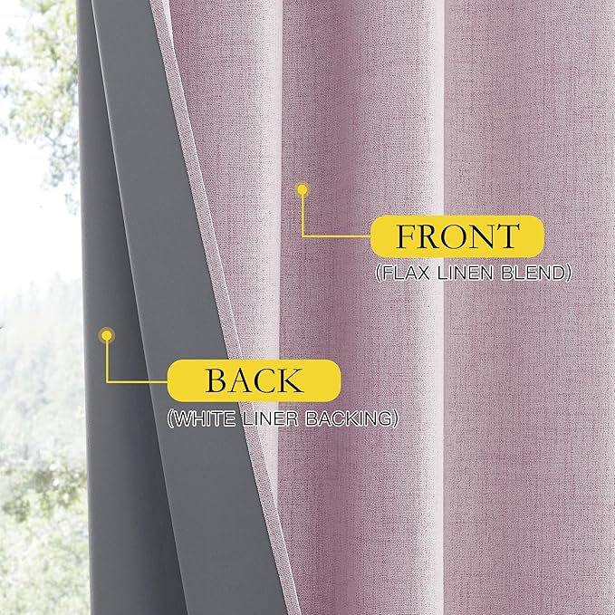 NICETOWN Pink Vintage Linen 100% Blackout Curtains for Living Room, Thermal Insulated Curtains 120" Long, Noise Reducing Window Treatment Drapes for Hall Room, 52" Wide Per Panel, Set of 2