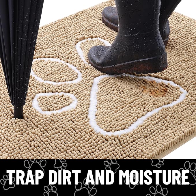 Smiry Dog Door Mat for Muddy Paws, Absorbent Dirt Trapper Non Slip Quick Dry Washable Chenille Mat for Mud Dogs, Entry Rug for Indoor and Outdoor (24x16 Inches, Beige and White)