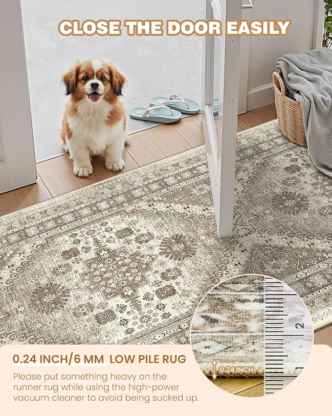 3x5 Washable Area Rug for Entryway, Kitchen Rugs Non Slip for Dining Room, Vintage Floral Soft Living Room Rug, Thin Area Rug Indoor for Bedroom, Kids Room Decor(Brown,3'x5')