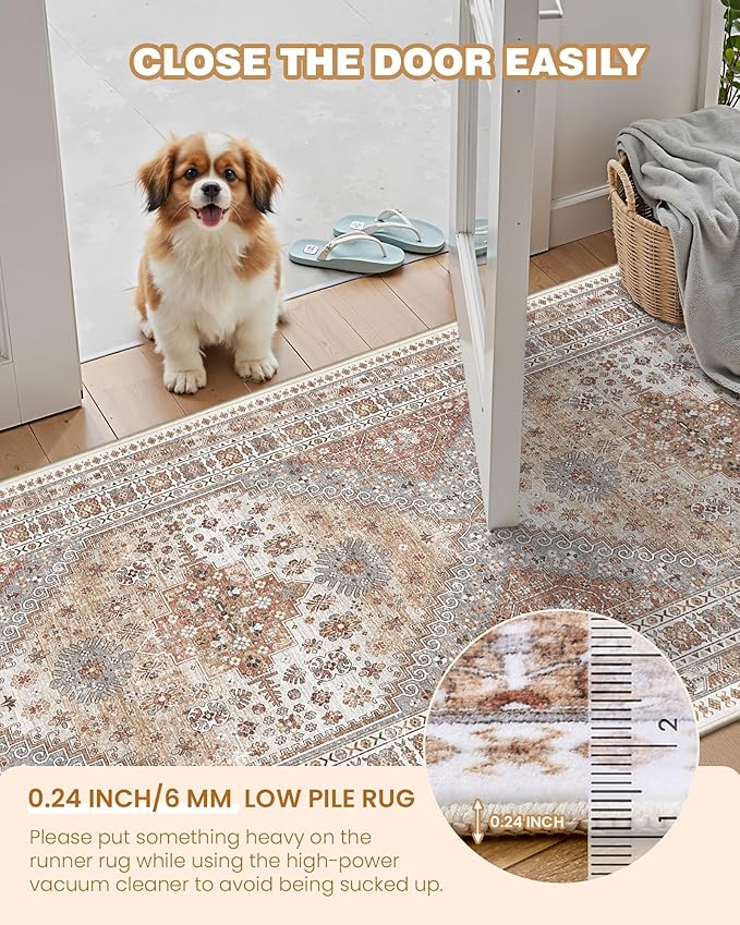 2x7 Runner Rug, Thin Entryway Non Slip Washable Rugs for Entryway, Runners for Hallways, Low Pile Vintage Soft Rugs for Living Room, Kitchen Bedroom Rug(Orange,2'x7')