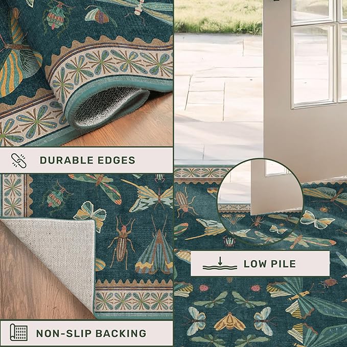 Hazo Haus Wide Runner Rug for Hallway 2'6"x8' - Green Runner Rug for Kitchen, Hall Way, Washable Foldable Boho Insect Deor
