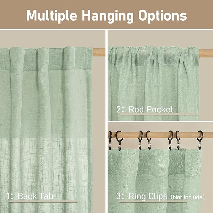 LAMIT 36 Inch Length Linen Curtains for Small Windows, Semi Sheer Light Filtering Panels Back Tab and Rod Pocket Neutral Drapes for Basement/Window/Loft Room, Fresh Green, 2 Panels, 34 x 36 Inch