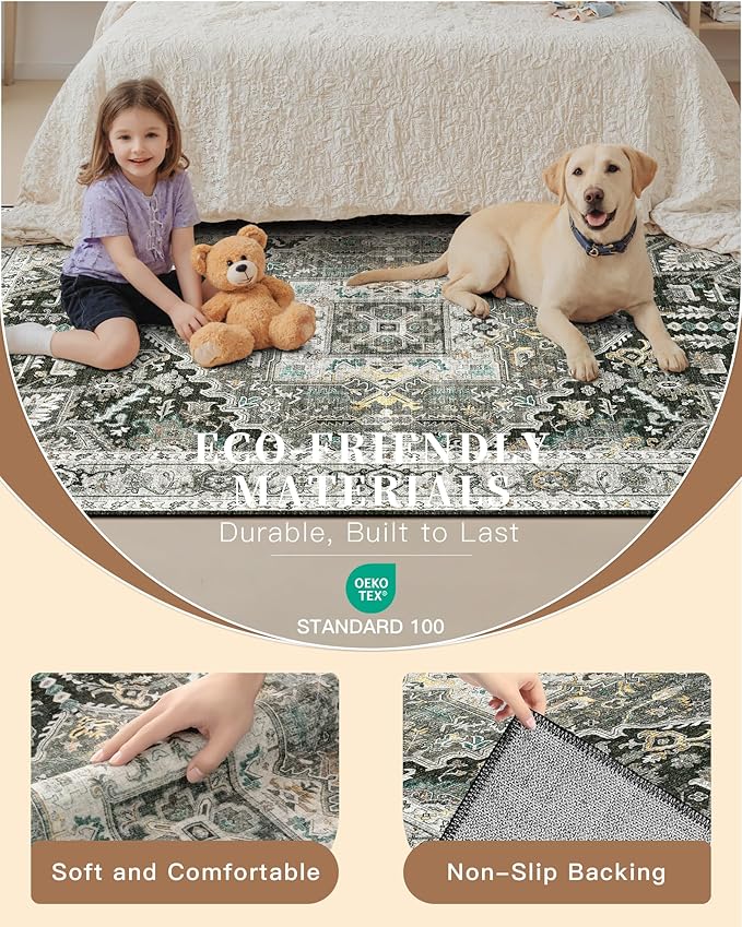 Madane Runner Rugs 2x12 Extra Long, Washable Non-Slip Hallway Runner Rug Low-Pile Carpet Runner for Kitchen Entrance Living Dining Laundry Room, Grey Green/Black Olive