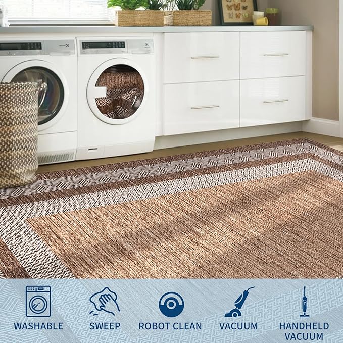 GarveeHome 2.5x8 Modern Bordered Runner Rug Soft Non Slip Washable Floor Carpet Distressed Geometric Hallway Indoor Printed Rug for Kitchen Entrance, Dark Brown