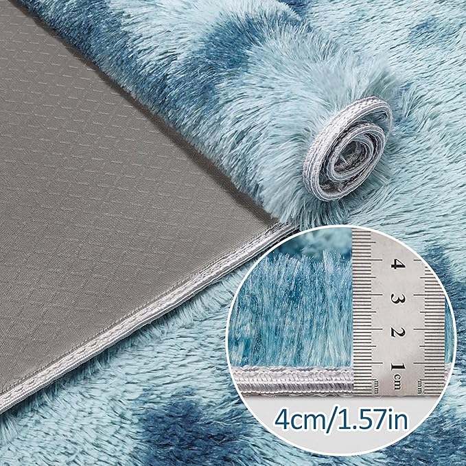 Super Soft Fluffy Living Room Area Rug 2x6 ft Tie-Dyed Light Blue Shaggy Furry Carpet Washable Non-Slip Floor Rugs Bedroom Bedside Nursery Rug Fuzzy Girls Boy Dorm Home Decor Aesthetic