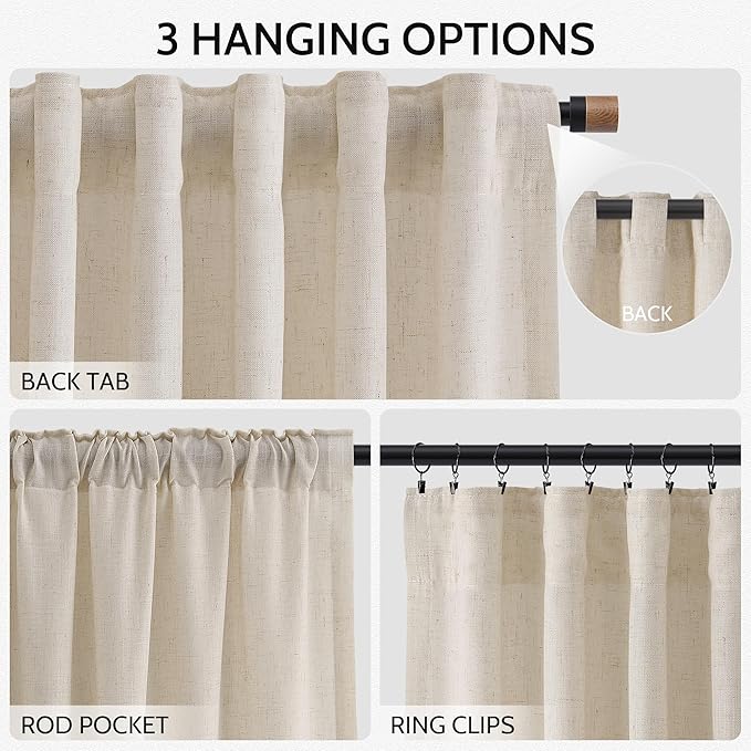Cream Beige Linen Curtains for Living Room 98 Inches Long Light Filtering Semi Sheer Curtain Back Tab Modern Farmhouse Decor Elegant Luxury Coastal Drapes for Bedroom Dinner Room 52x98, 2 Panels